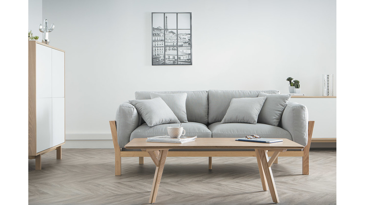 Canapé scandinave déhoussable 3 places en tissu gris clair et bois clair KYO