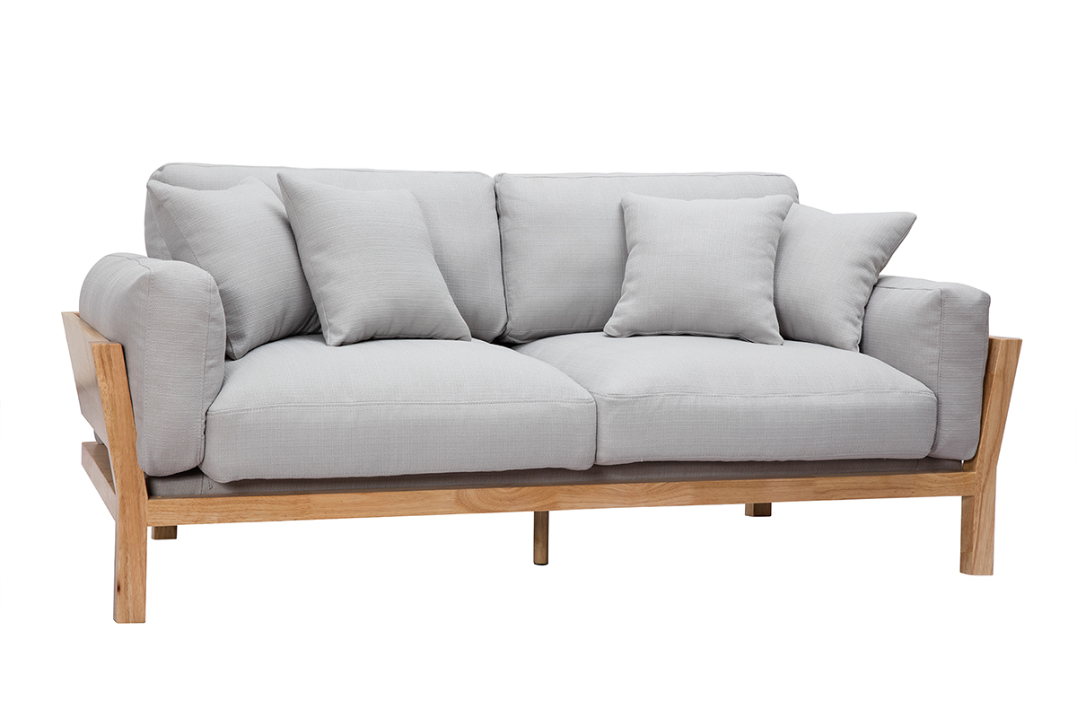Canap� scandinave d�houssable 3 places en tissu gris clair et bois clair KYO