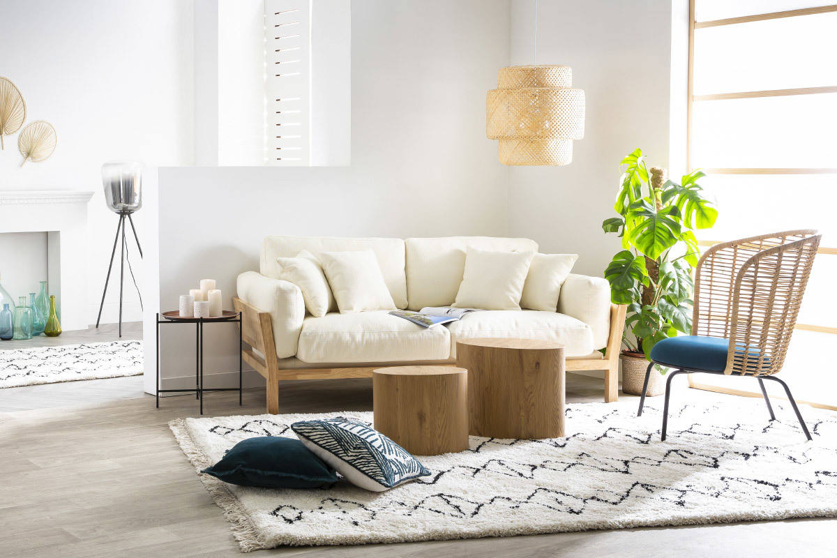 Canap� scandinave d�houssable 3 places en tissu gris clair et bois clair KYO