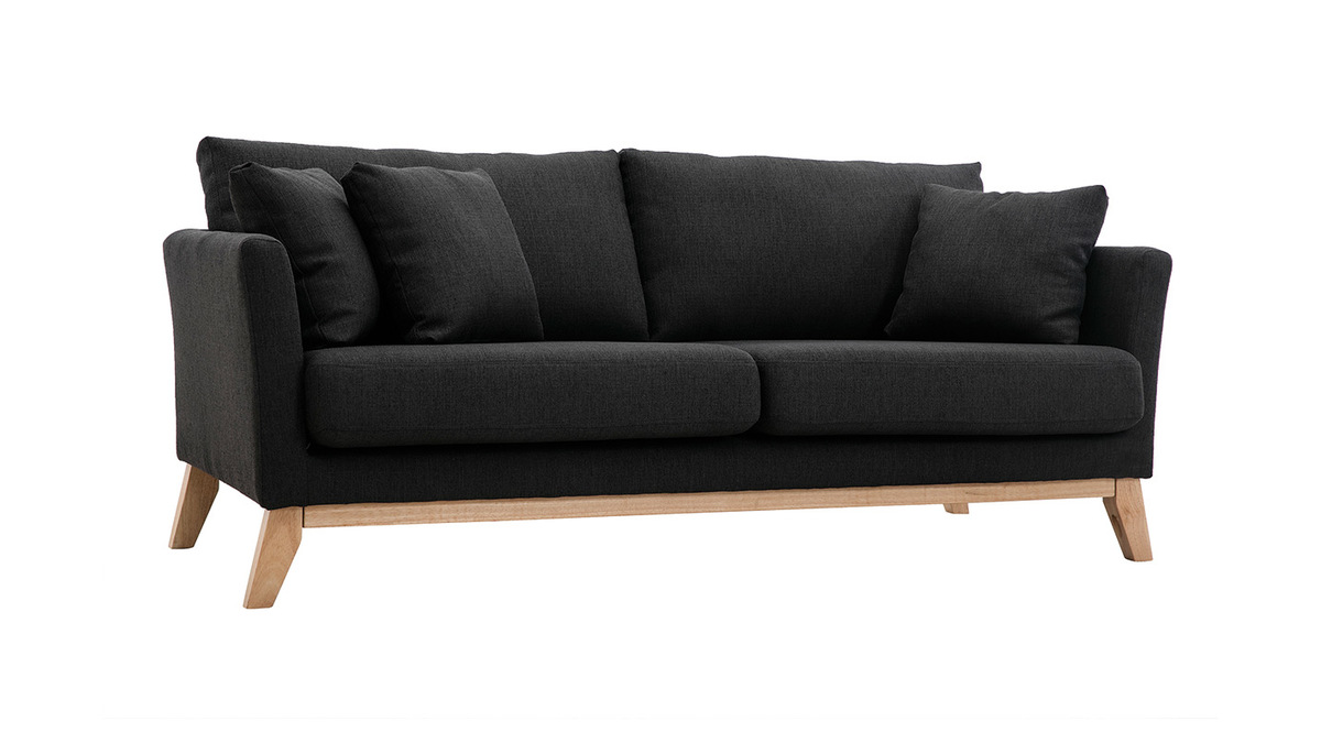 Canapé scandinave déhoussable 3 places en tissu gris foncé et bois clair OSLO