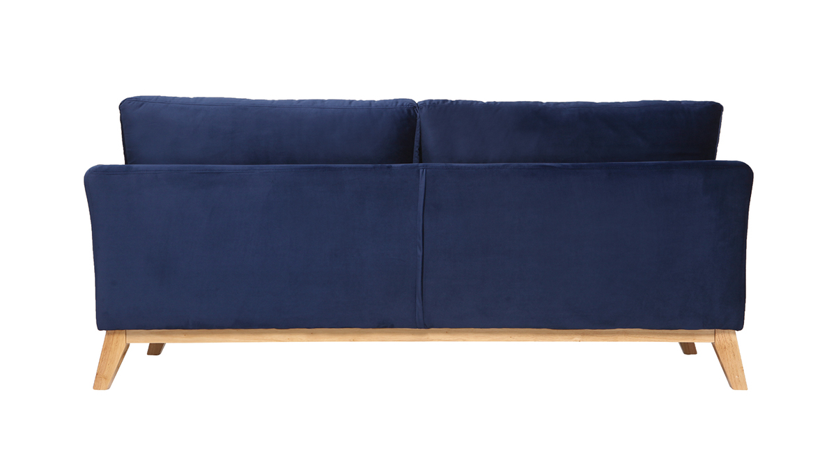 Canapé scandinave déhoussable 3 places en tissu velours bleu nuit et bois clair OSLO