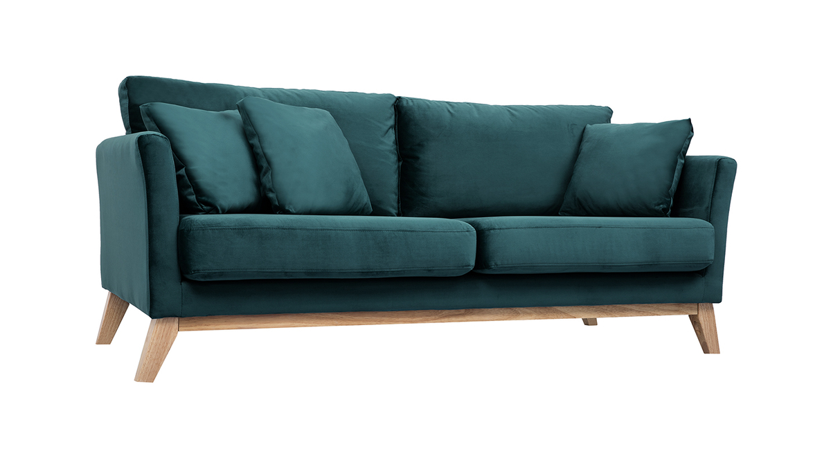 Canapé scandinave déhoussable 3 places en tissu velours bleu pétrole et bois clair OSLO
