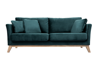 Canapé scandinave déhoussable 3 places en tissu velours bleu pétrole et bois clair OSLO