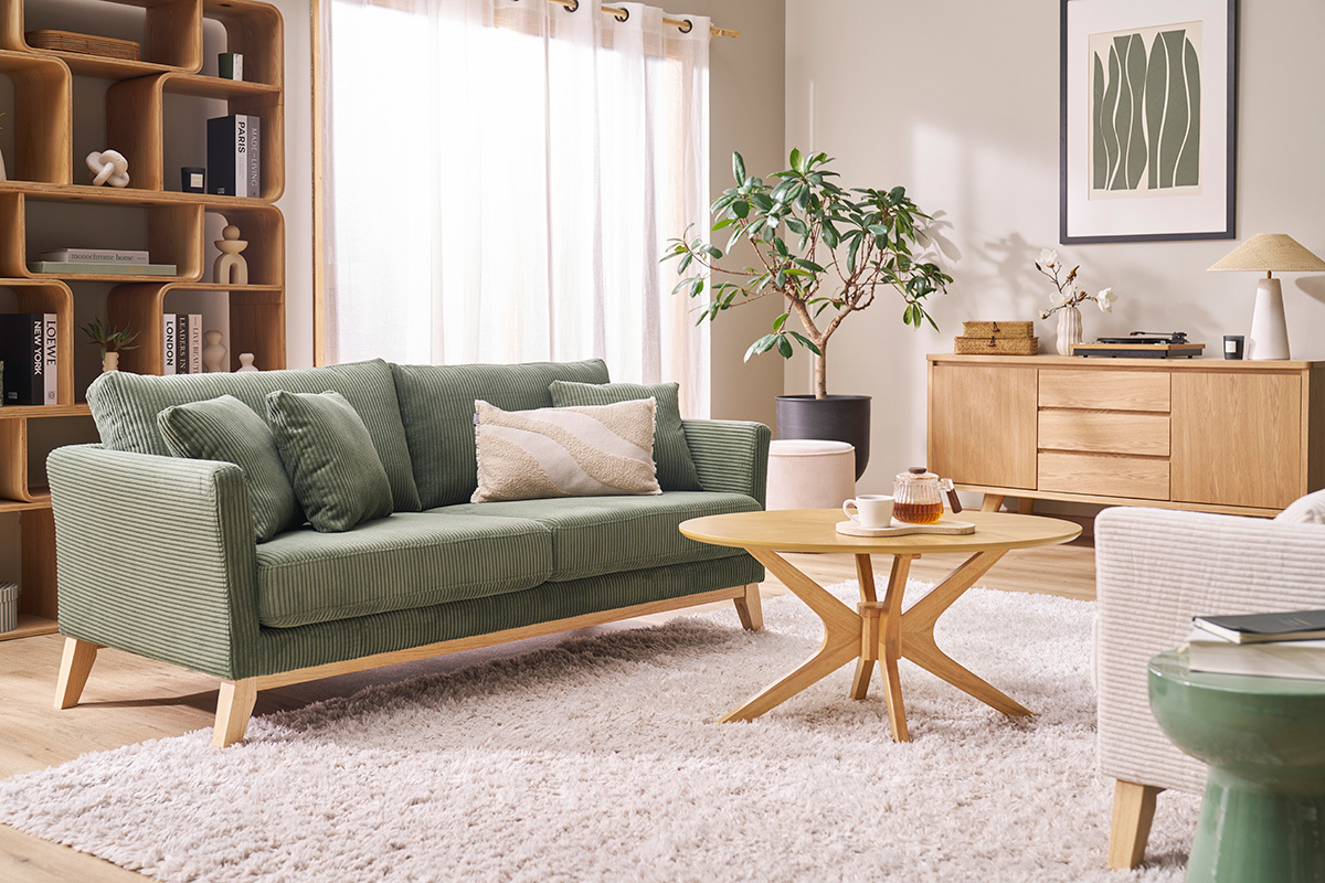 Canap scandinave dhoussable 3 places en tissu velours ctel vert kaki et bois clair OSLO