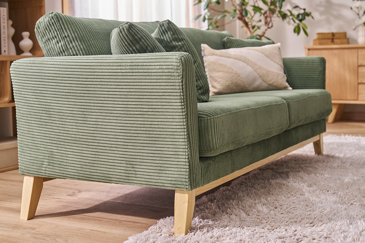 Canap scandinave dhoussable 3 places en tissu velours ctel vert kaki et bois clair OSLO