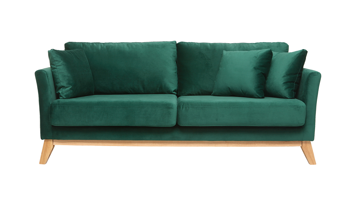 Canapé scandinave déhoussable 3 places en tissu velours vert émeraude et bois clair OSLO