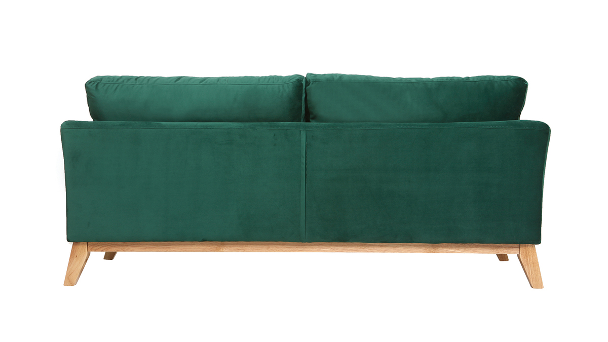 Canapé scandinave déhoussable 3 places en tissu velours vert émeraude et bois clair OSLO