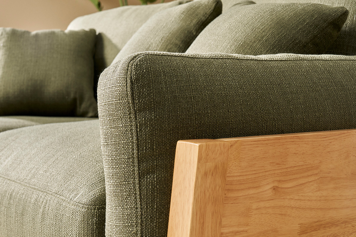 Canap scandinave dhoussable 3 places en tissu vert kaki et bois clair KYO