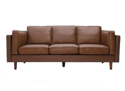 Canapé vintage 3 places cuir marron et bois foncé BRADLEY