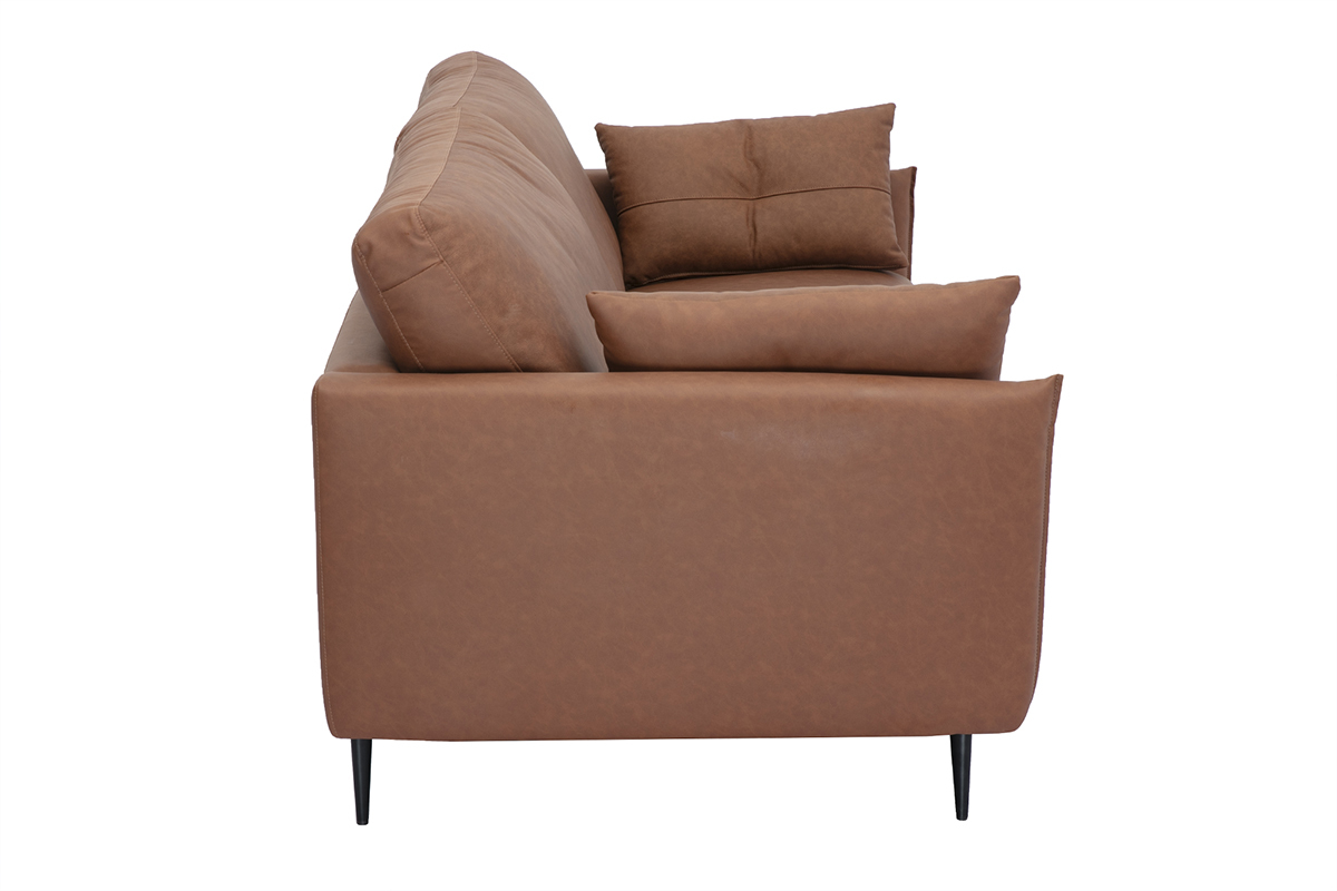 Canap 3 places en cuir marron avec pieds en bois fonc. Vue de profil.