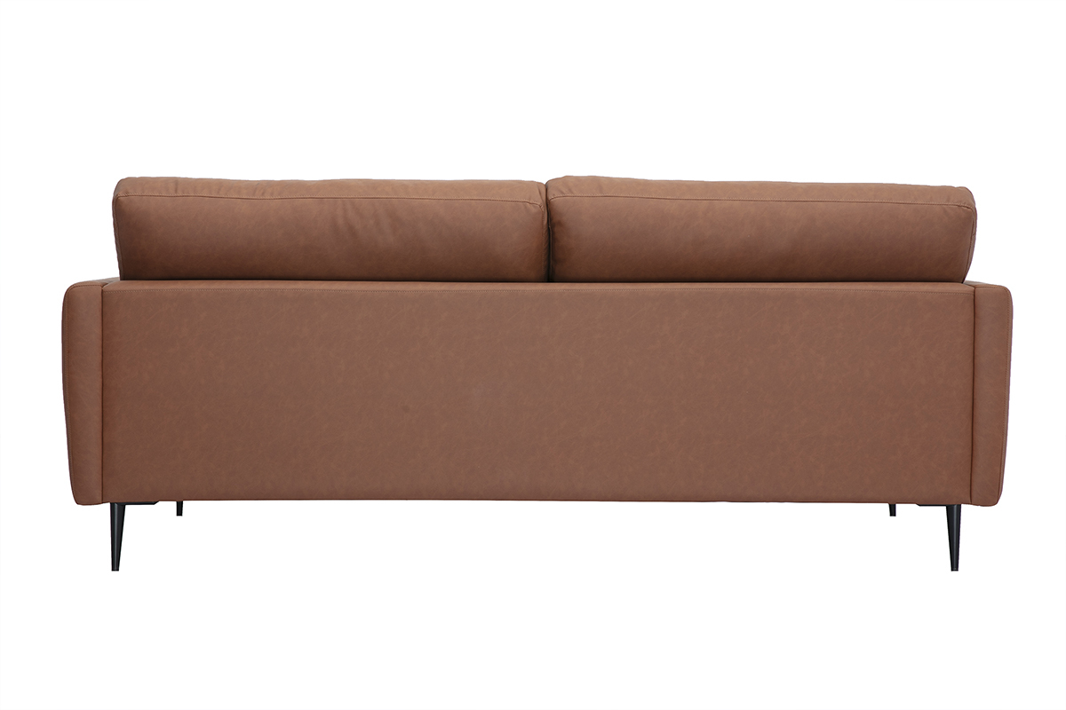 Canap vintage 3 places en cuir marron avec pieds en bois fonc DAVEN. Vue de dos.