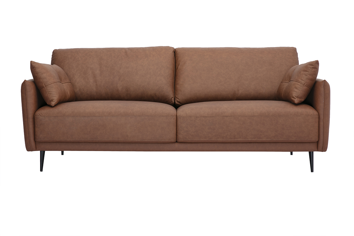 Canap 3 places DAVEN vintage en cuir marron et bois, pieds en bois massif, accoudoirs fins, coussins d'appoint