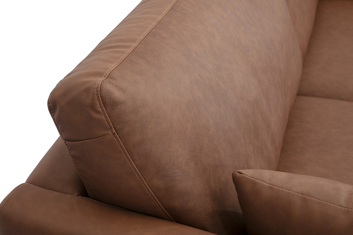 Zoom canap vintage 3 places en cuir marron avec pieds en bois fonc DAVEN.