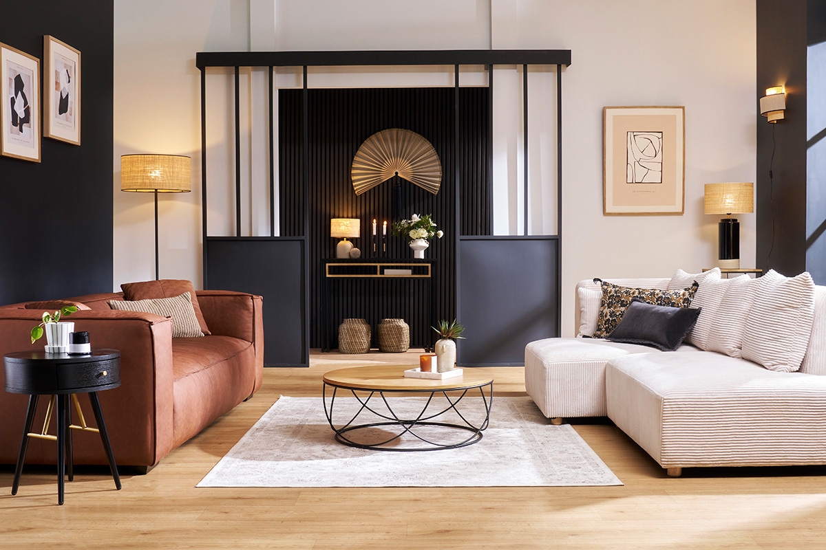 Canap vintage 3 places cuir marron et bois noir COBAIN