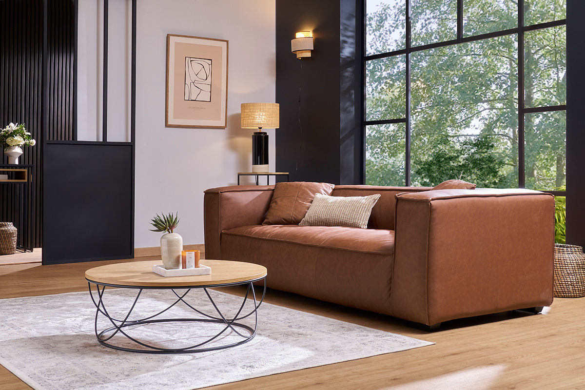 Canap vintage 3 places cuir marron et bois noir COBAIN