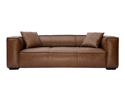 Canapé vintage 3 places cuir marron et bois noir COBAIN