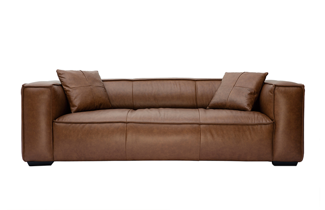 Canapé vintage 3 places cuir marron et bois noir COBAIN