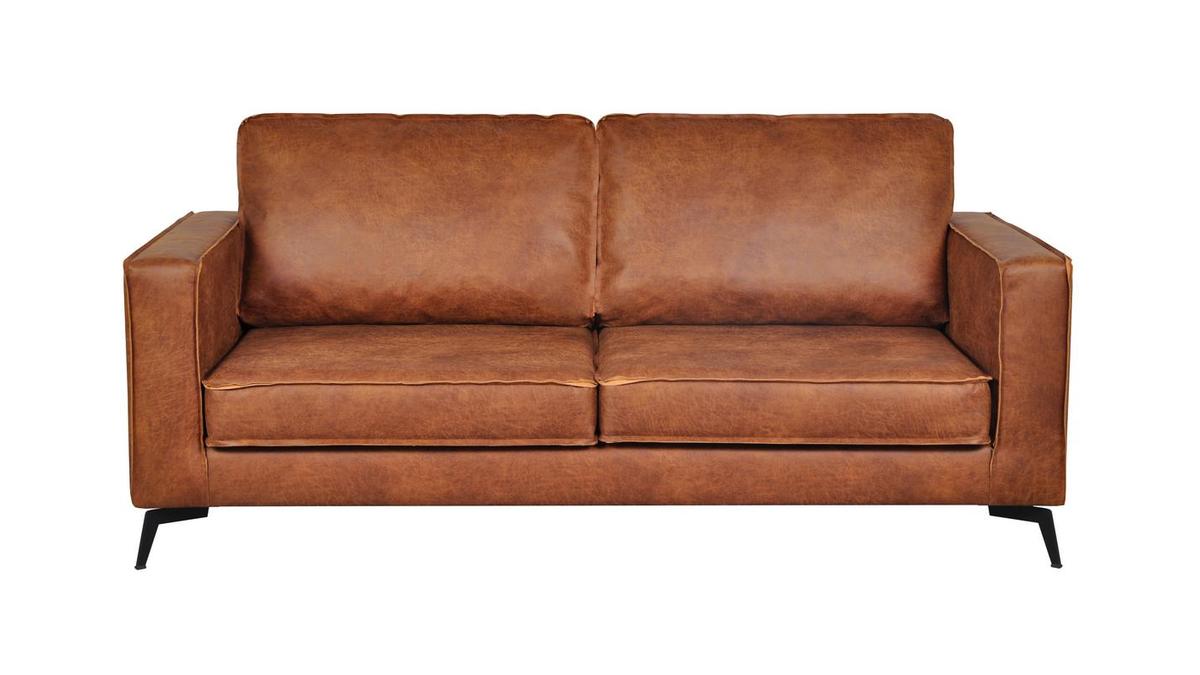Canapé vintage 3 places cuir marron et métal noir ASPEN