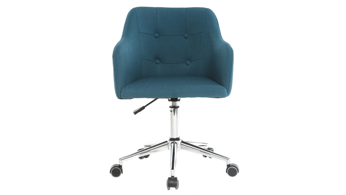 Chaise de bureau à roulettes capitonnée en tissu bleu canard et acier chromé BALTIK