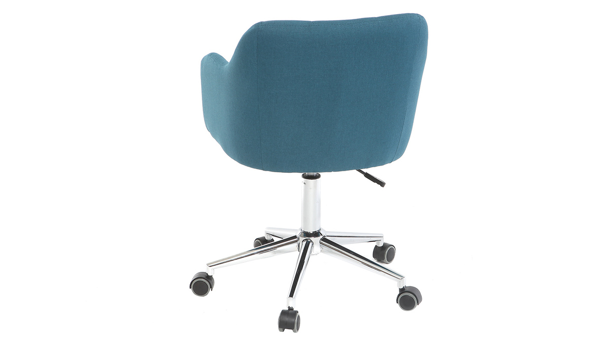 Chaise de bureau à roulettes capitonnée en tissu bleu canard et acier chromé BALTIK