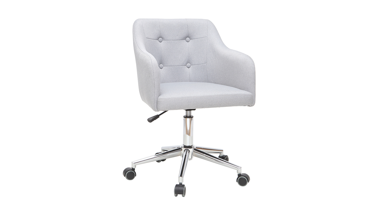 Chaise de bureau à roulettes capitonnée en tissu gris clair et acier chromé BALTIK