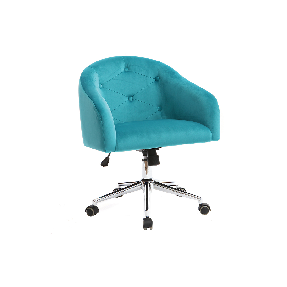 Chaise de bureau à roulettes capitonnée en tissu velours bleu azur et acier chromé SHARON vue1