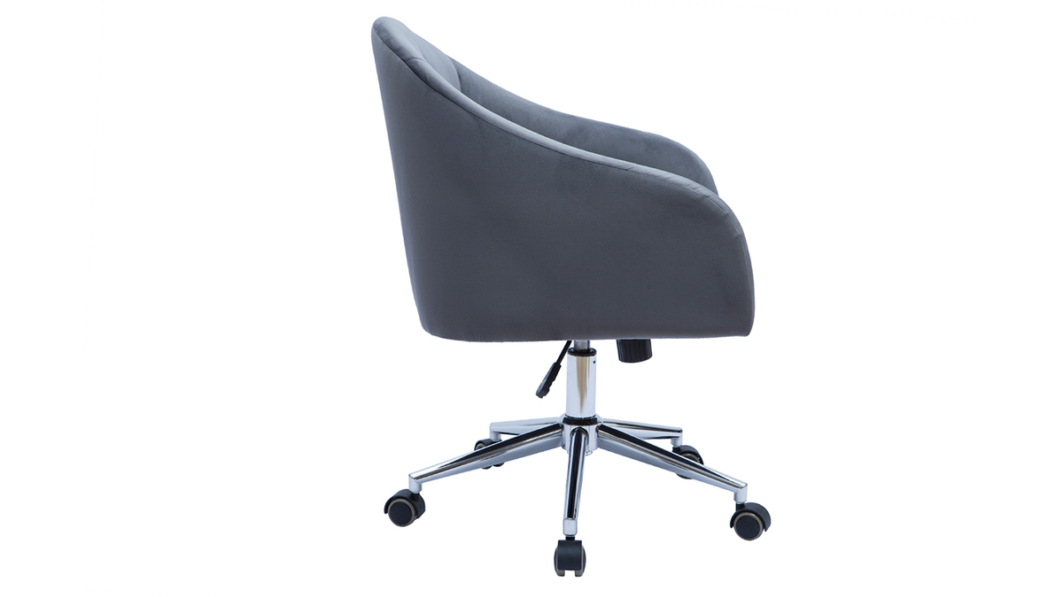 Chaise de bureau à roulettes capitonnée en tissu velours gris foncé et acier chromé SHARON