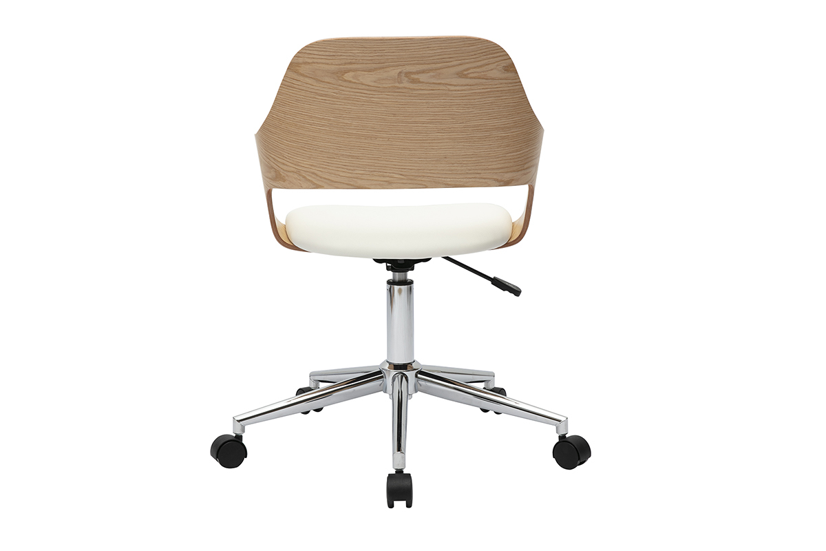 Vue arri�re de la chaise de bureau � roulettes JANET, design en bois clair ch�ne et assise blanche.