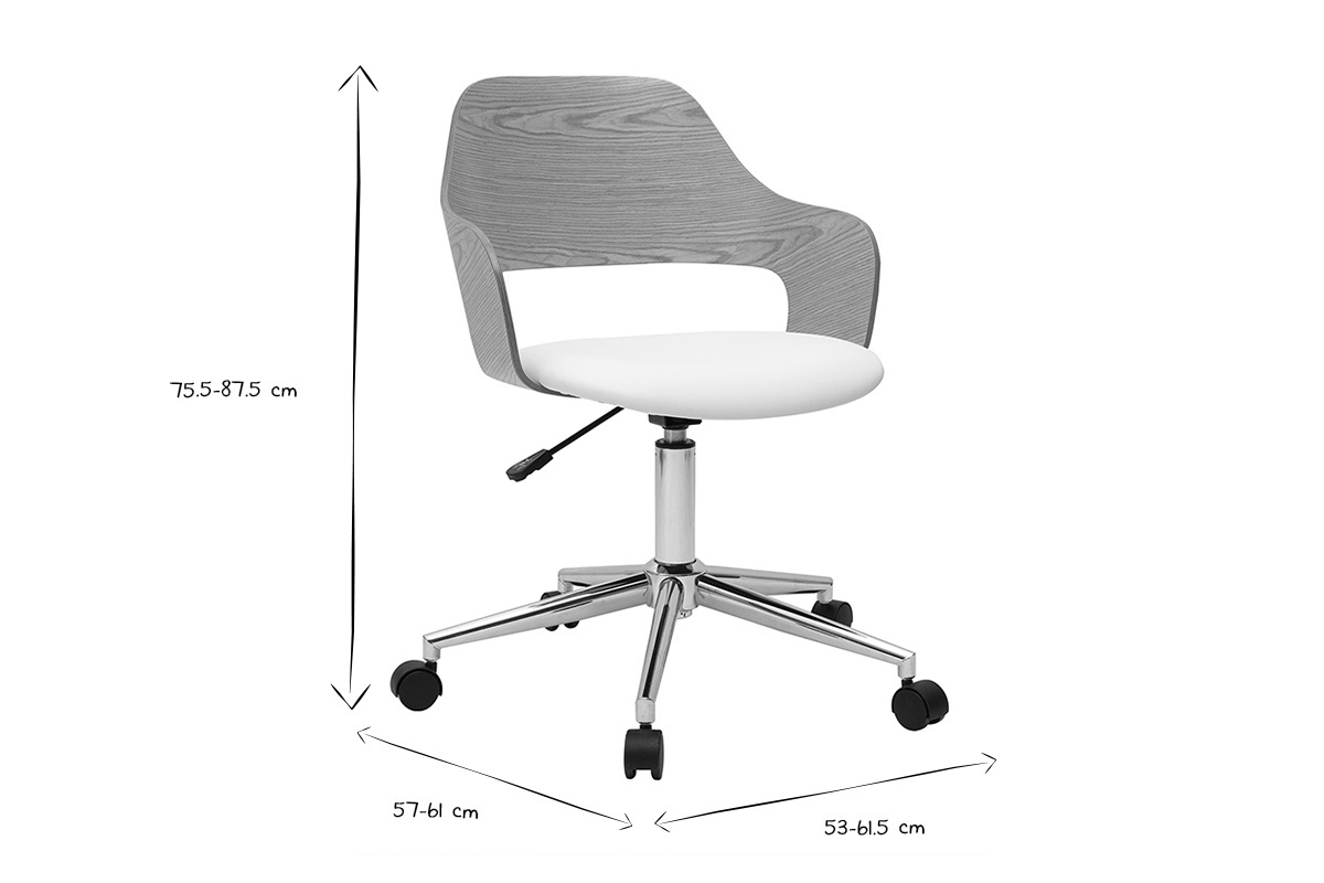 Dimensions de la chaise de bureau � roulettes JANET en noir et blanc