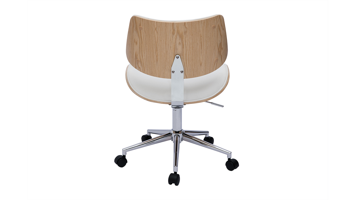 Chaise de bureau à roulettes design blanc, bois clair chêne et métal MALMO