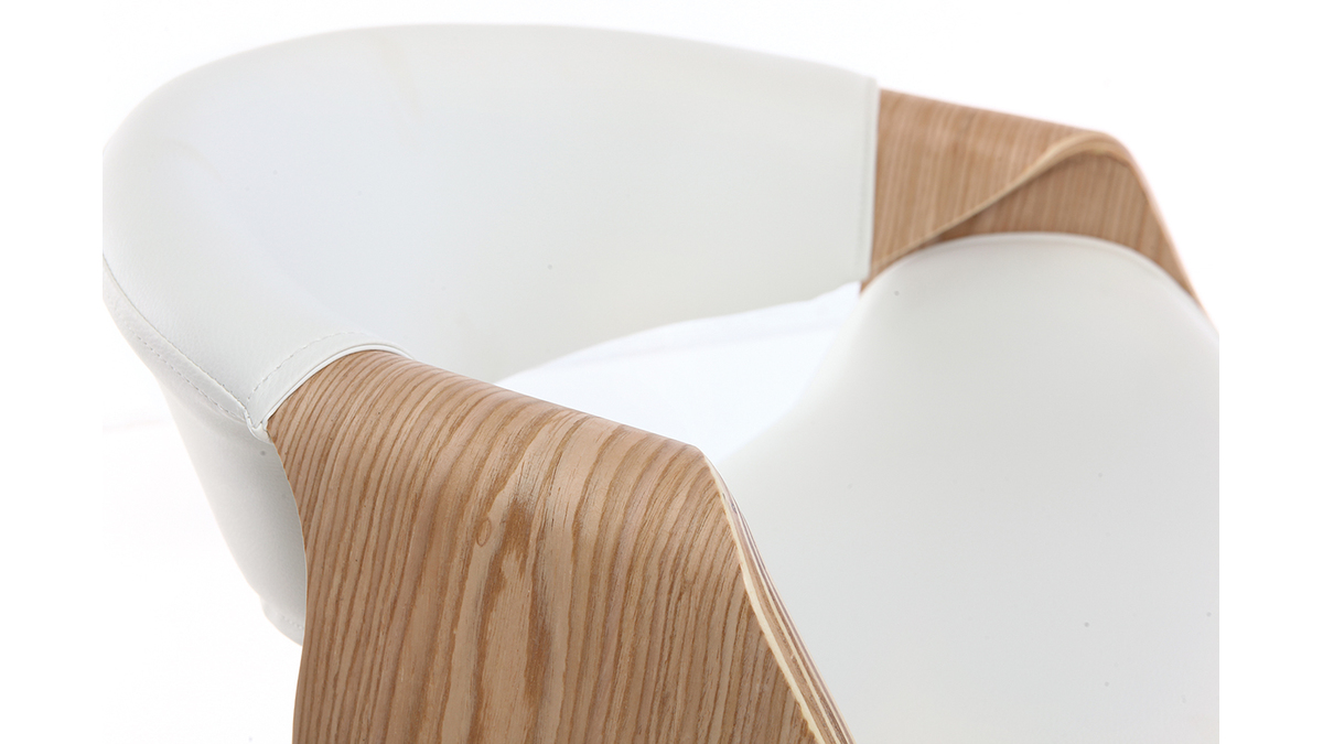 Chaise de bureau à roulettes design blanc, bois clair et acier chromé ARAMIS