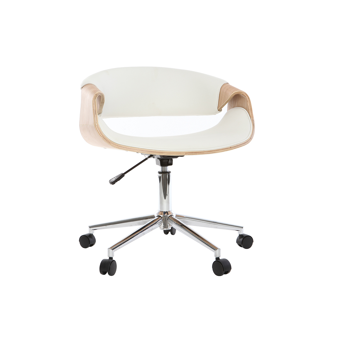 Chaise de bureau à roulettes design blanc, bois clair et acier chromé ARAMIS vue1