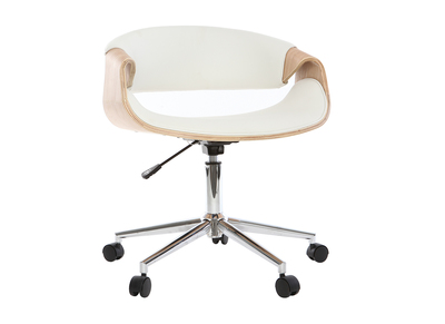 Chaise de bureau à roulettes design blanc, bois clair et acier chromé RUFIN  - Miliboo