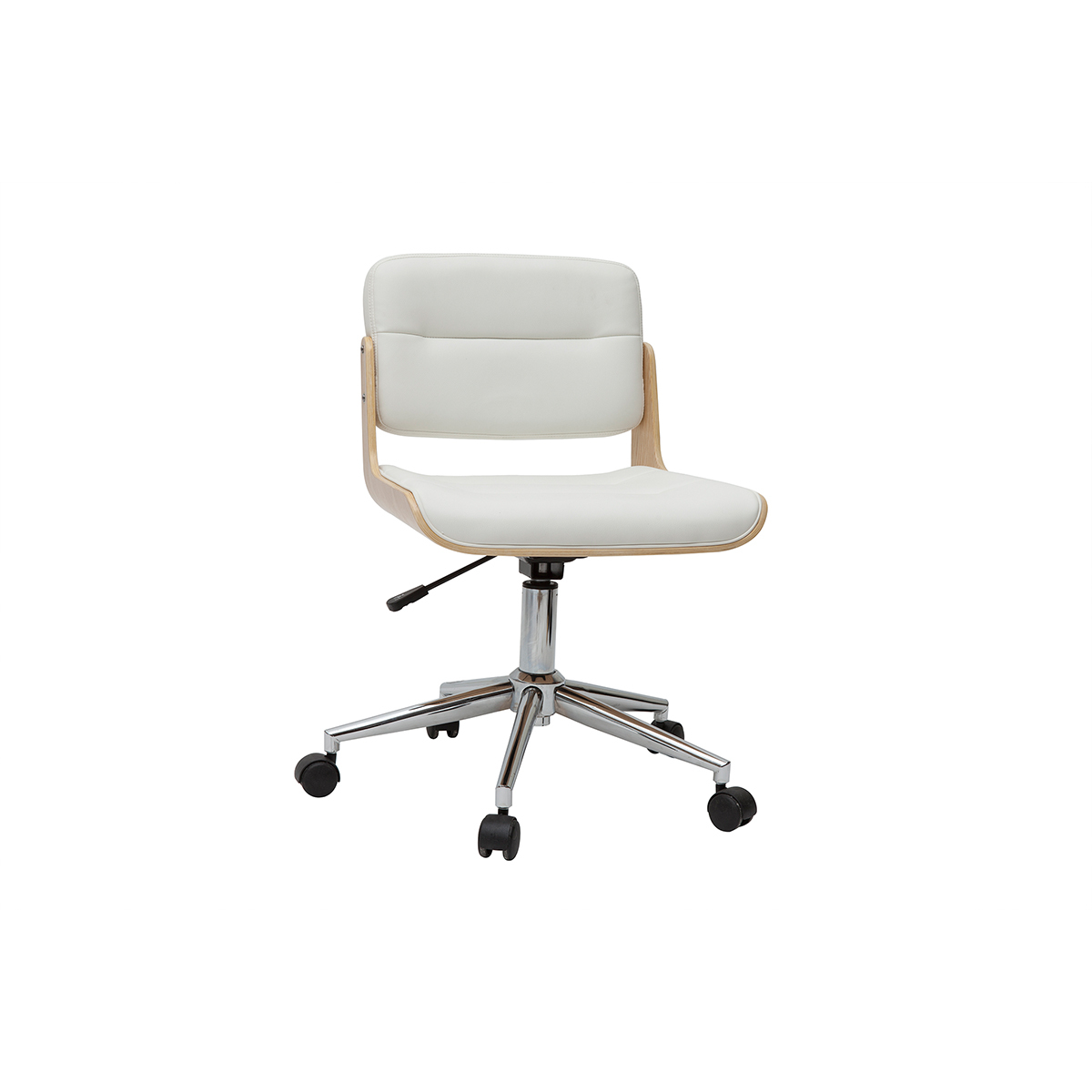 Chaise de bureau à roulettes design blanc, bois clair et acier chromé ARAMON vue1