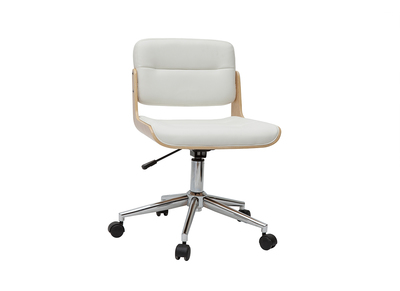 Chaise de bureau à roulettes design blanc, bois clair et acier chromé ARAMON