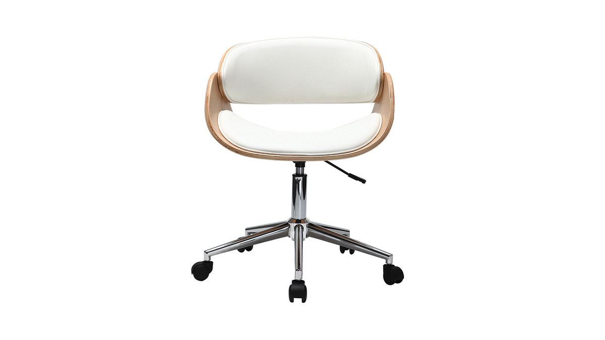 Chaise de bureau à roulettes design blanc, bois clair et acier chromé BENT