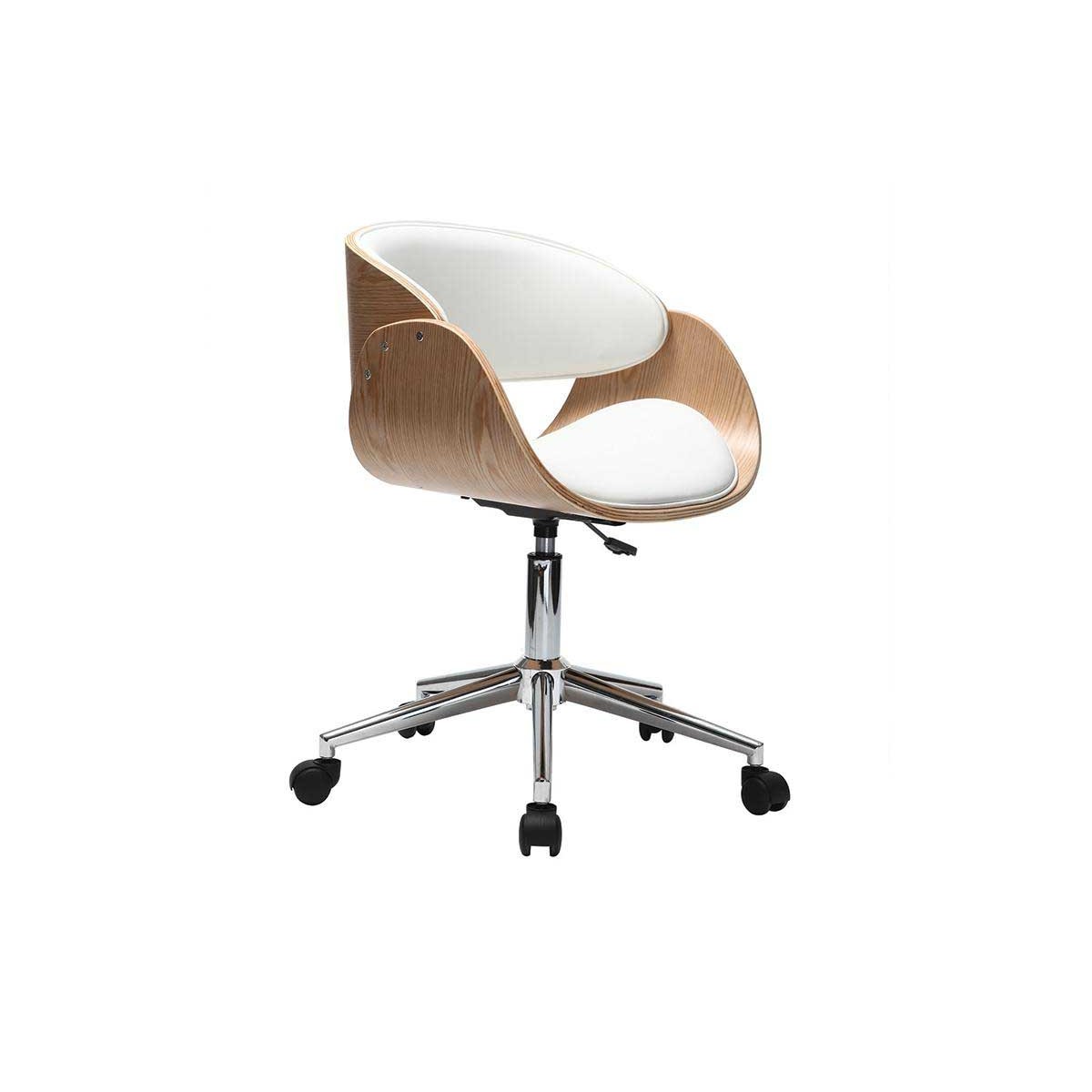 Chaise de bureau à roulettes design blanc, bois clair et acier chromé BENT vue1