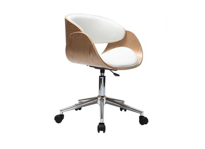 Chaise de bureau à roulettes design blanc, bois clair et acier chromé BENT