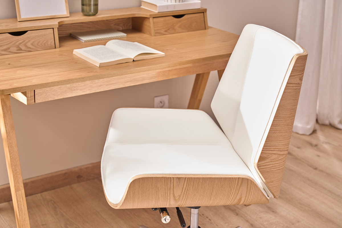 Chaise de bureau  roulettes design blanc, bois clair et acier chrom CURVED