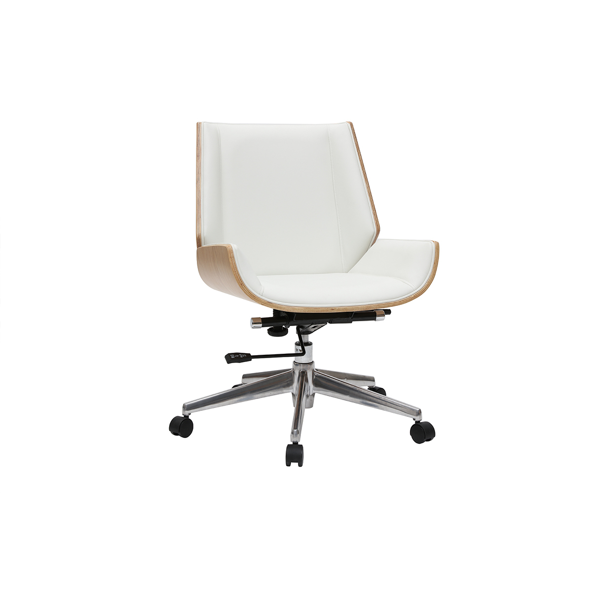 Chaise de bureau à roulettes design blanc, bois clair et acier chromé CURVED vue1