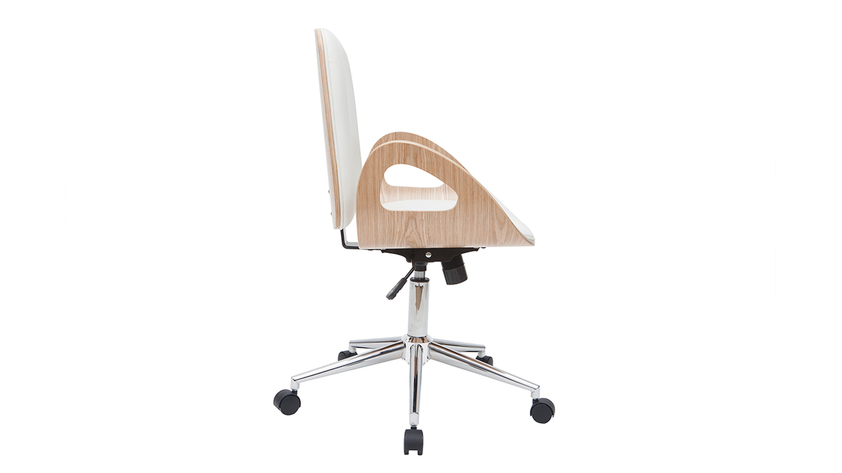 Chaise de bureau à roulettes design blanc, bois clair et acier chromé GLORY