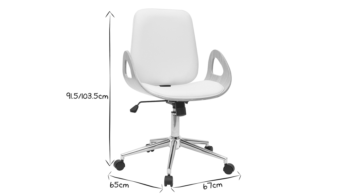 Chaise de bureau à roulettes design blanc, bois clair et acier chromé GLORY