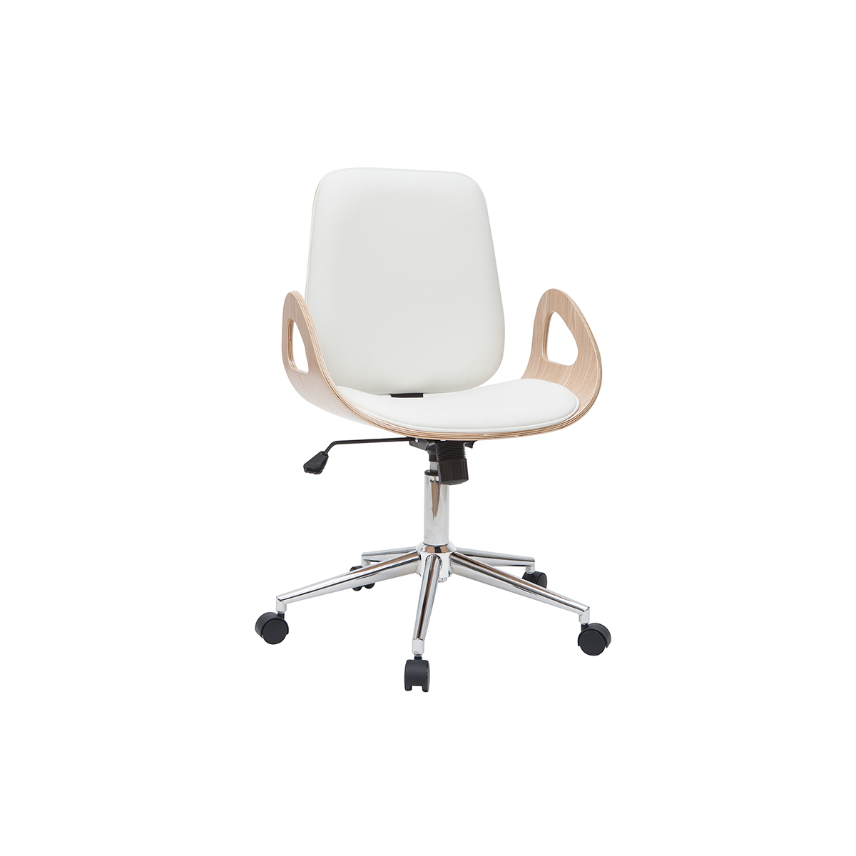 Chaise de bureau à roulettes design blanc, bois clair et acier chromé GLORY vue1