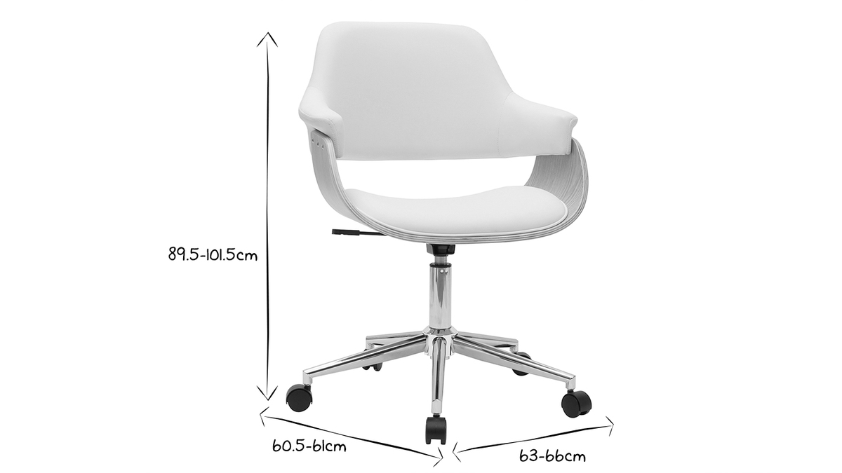 Chaise de bureau à roulettes design blanc, bois clair et acier chromé HANSEN