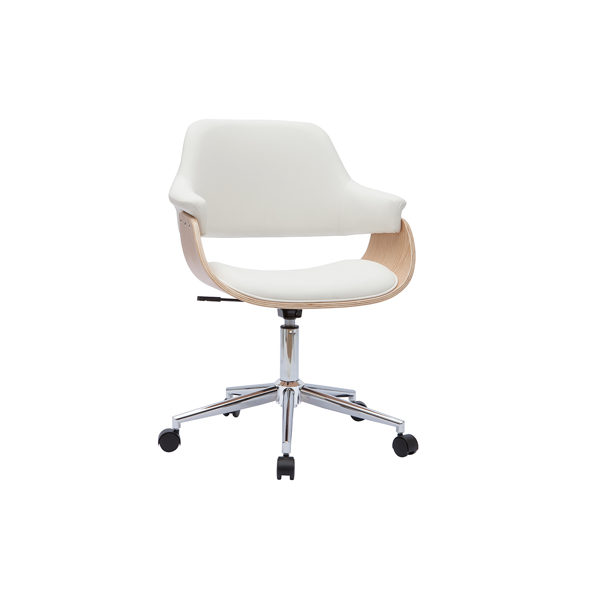 Chaise de bureau à roulettes design blanc, bois clair et acier chromé HANSEN vue1