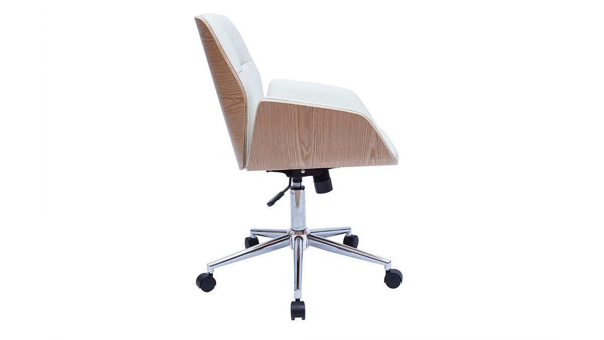 Chaise de bureau à roulettes design blanc, bois clair et acier chromé  MARLOW