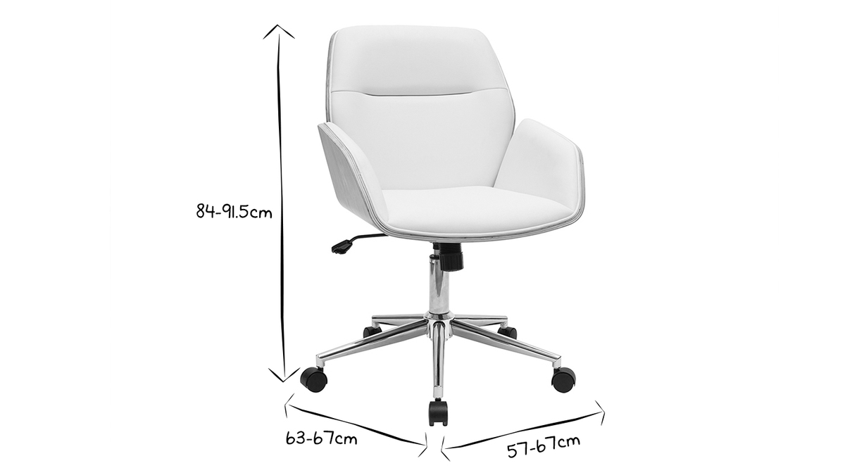 Chaise de bureau à roulettes design blanc, bois clair et acier chromé  MARLOW
