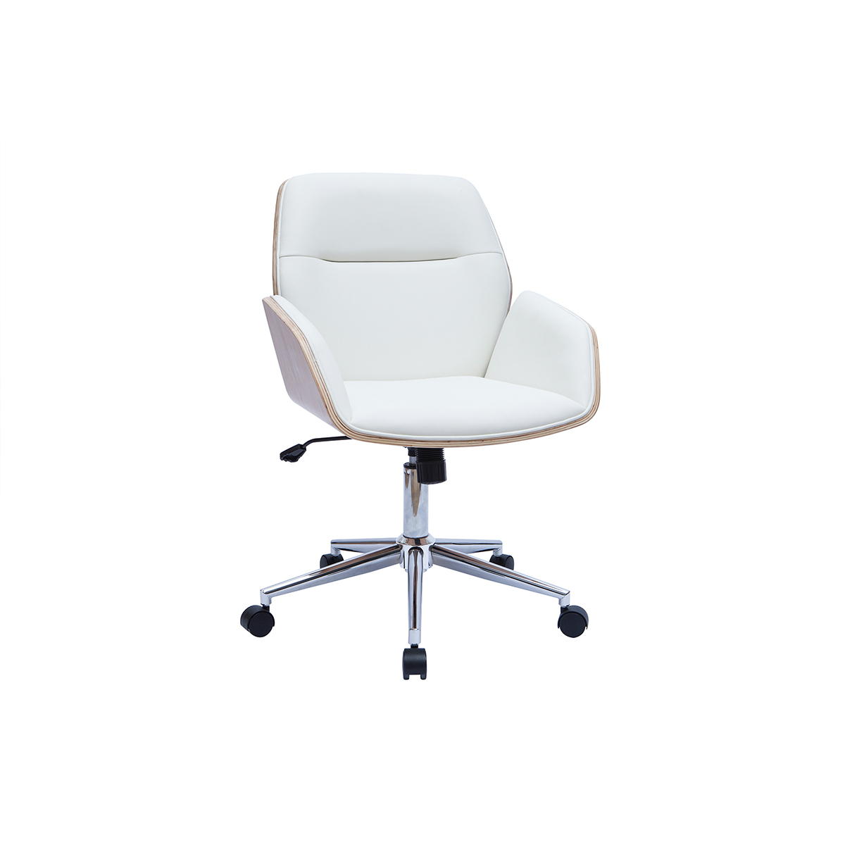 Chaise de bureau à roulettes design blanc, bois clair et acier chromé  MARLOW vue1
