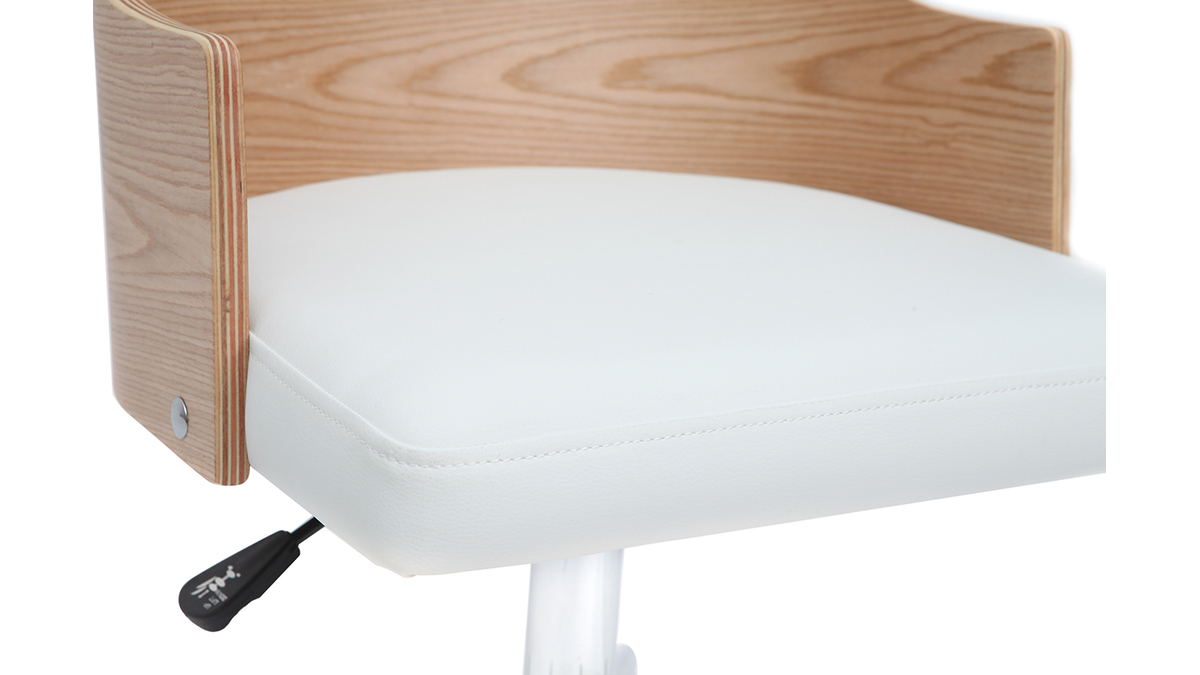 Chaise de bureau à roulettes design blanc, bois clair et acier chromé MAYOL