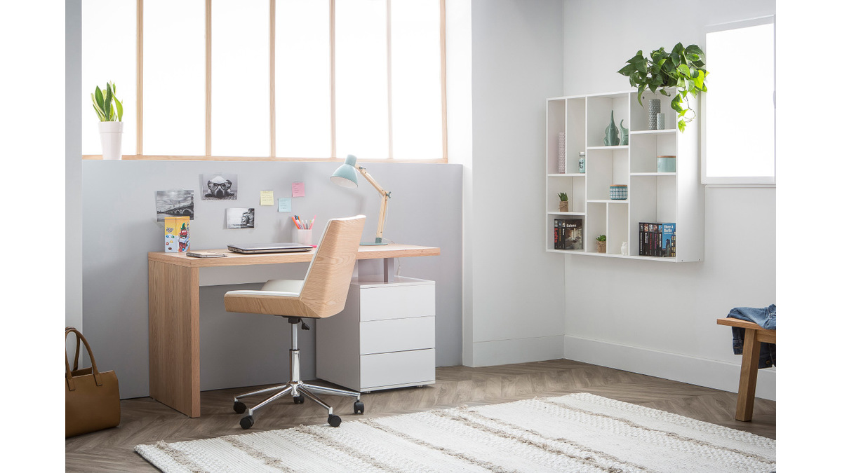 Chaise de bureau à roulettes design blanc, bois clair et acier chromé MELKIOR